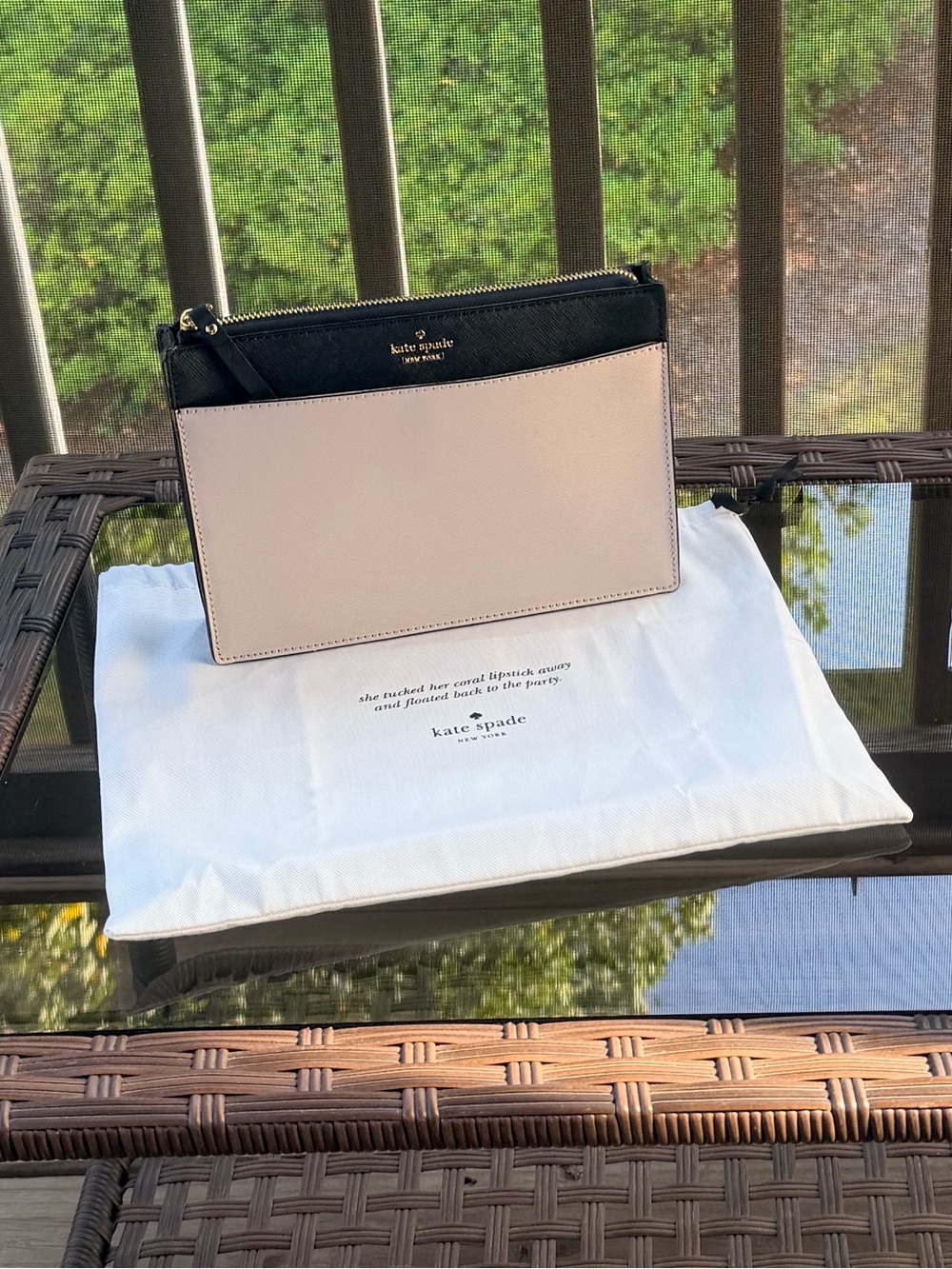 kate spade Two-Tone Cream and Black Leather Clutch with Strap